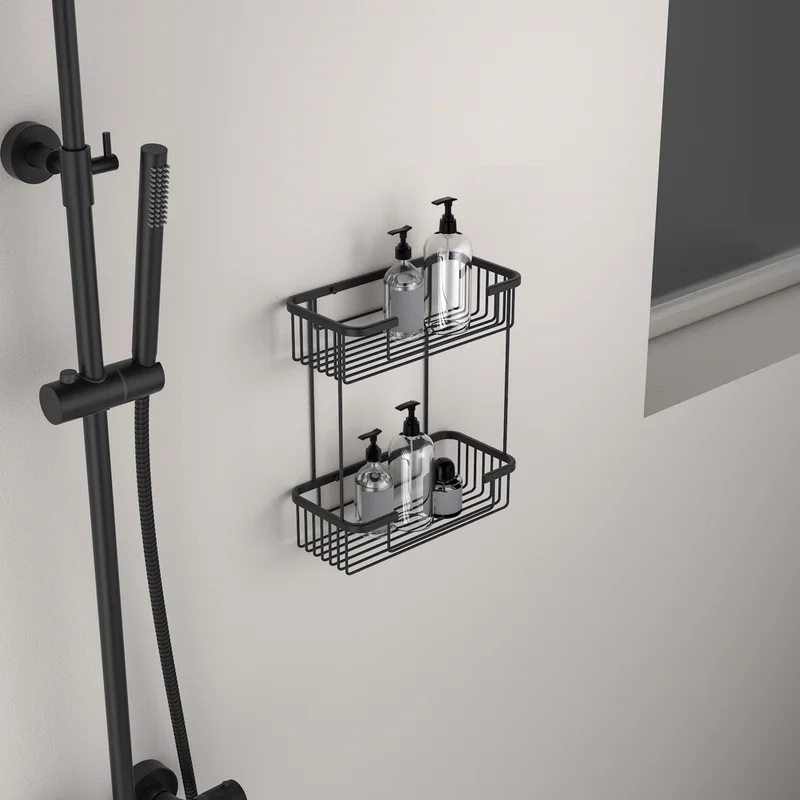 跨境定制壁挂式矩形双层不锈钢浴室货架角淋浴房储物架