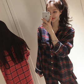 韩国格子纹舒适棉质家居服宽松睡衣女套装
