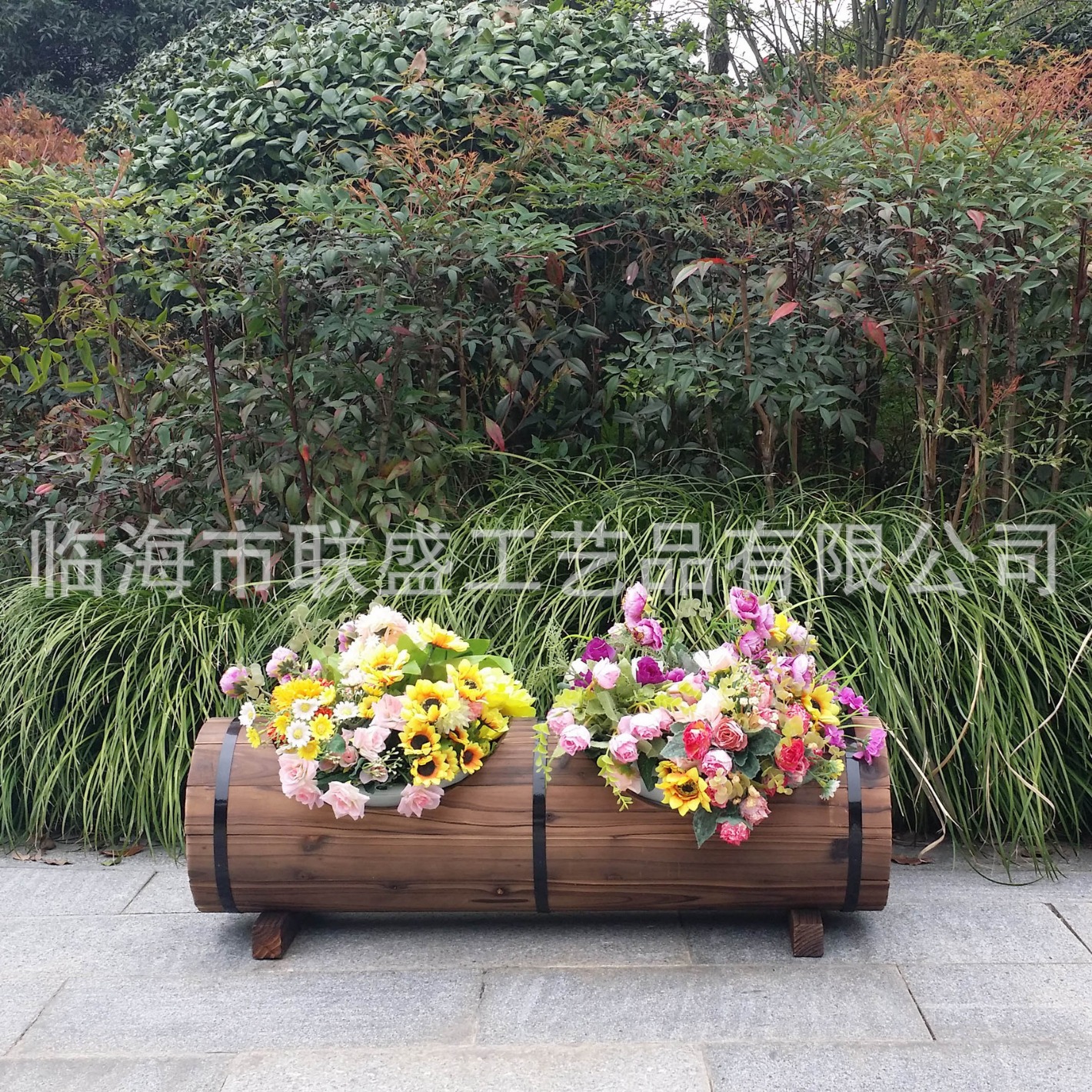 户外防腐木花盆碳化木桶双槽花桶阳台庭院花园公园木质桶花箱炭化