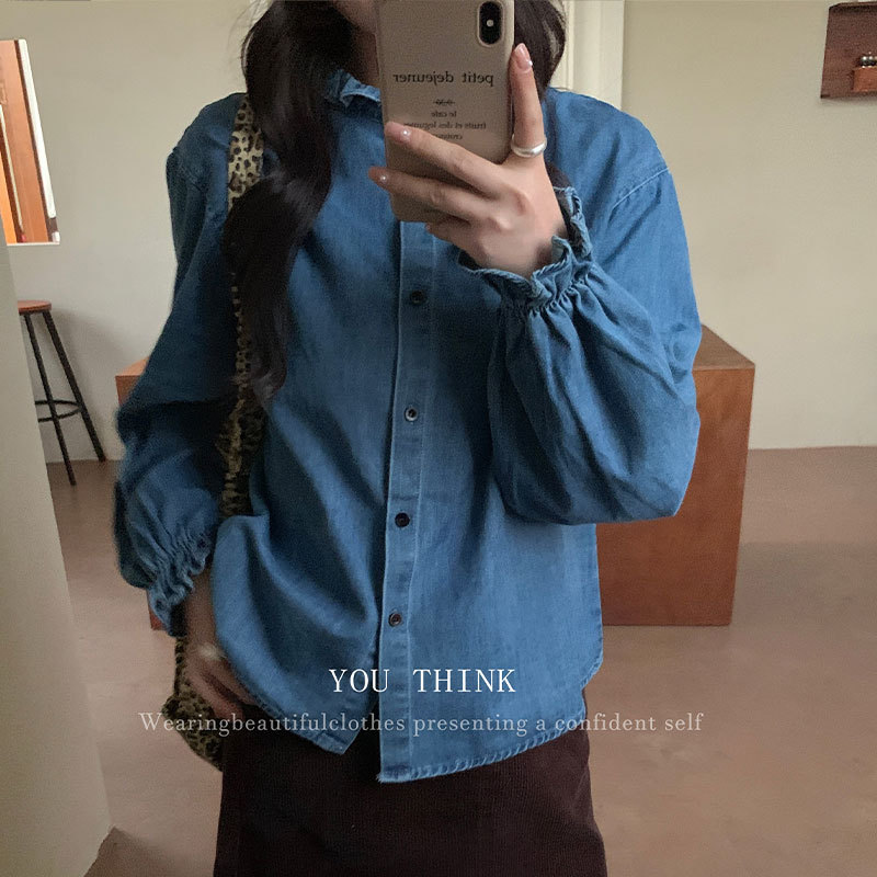 You Think Thirteen Lines Winter New Retro Korean Style Washed Lace Sleeve Cardigan Denim Shirt for Women 1545