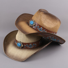 新款農場騎士西部牛仔帽戶外遮陽防曬大檐刺綉皮帶扣爵士帽批發