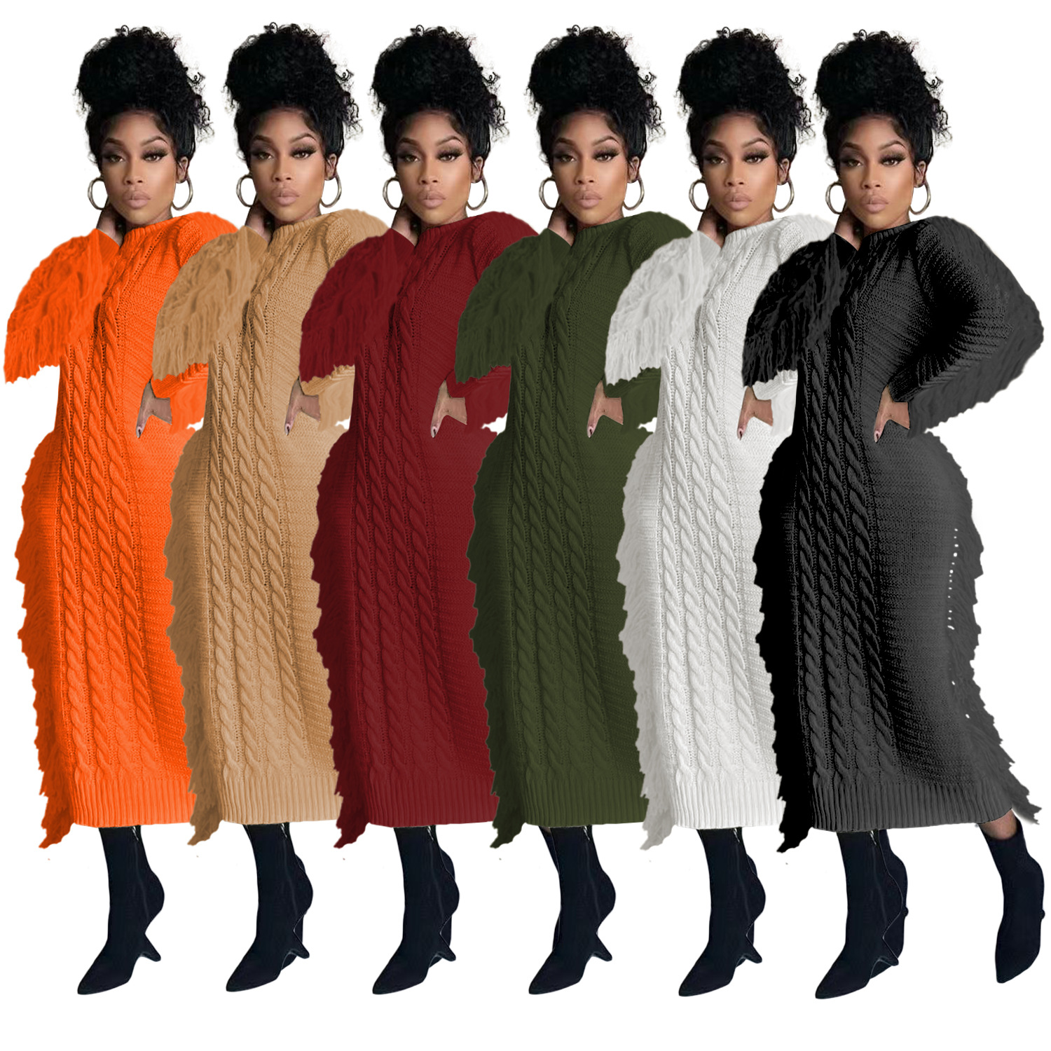 Robe pull femme avec franges longues en maille pour l'hiver_voghion.com
