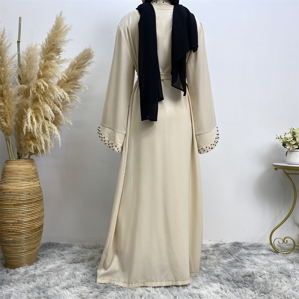 Arab Turkish Middle Eastern Fashion Elegant Solid Color Beaded Muslim Tie-Up Cardigan Robe 1838_ecoleips.com
