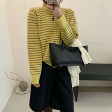 条纹撞色立领拉链针织开衫外套韩系秋冬新款时尚百搭毛衣上衣女