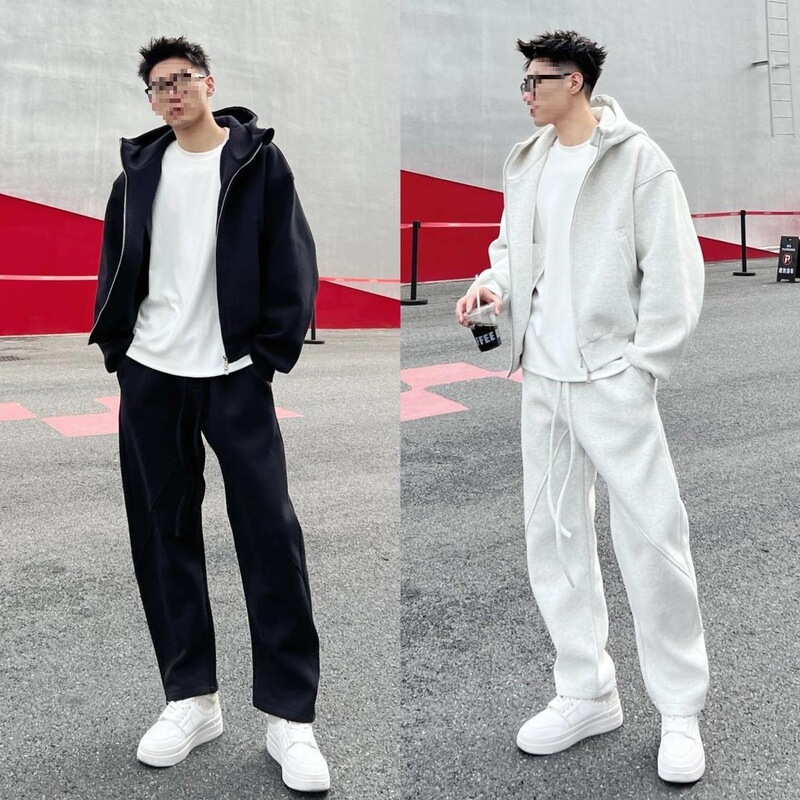 Spring New Heavyweight Air Layer American Simple Short Hooded Cardigan Boxy Version Men's and Women's Sports Sweatshirt Suit