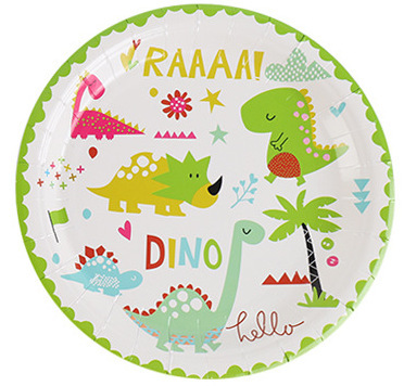 Amazon dibujos animados dinosaurio fiesta de cumpleaños traje triángulo bandera plato de papel caja de palomitas de maíz tapa de papel taza de fábrica de papel Yiwu