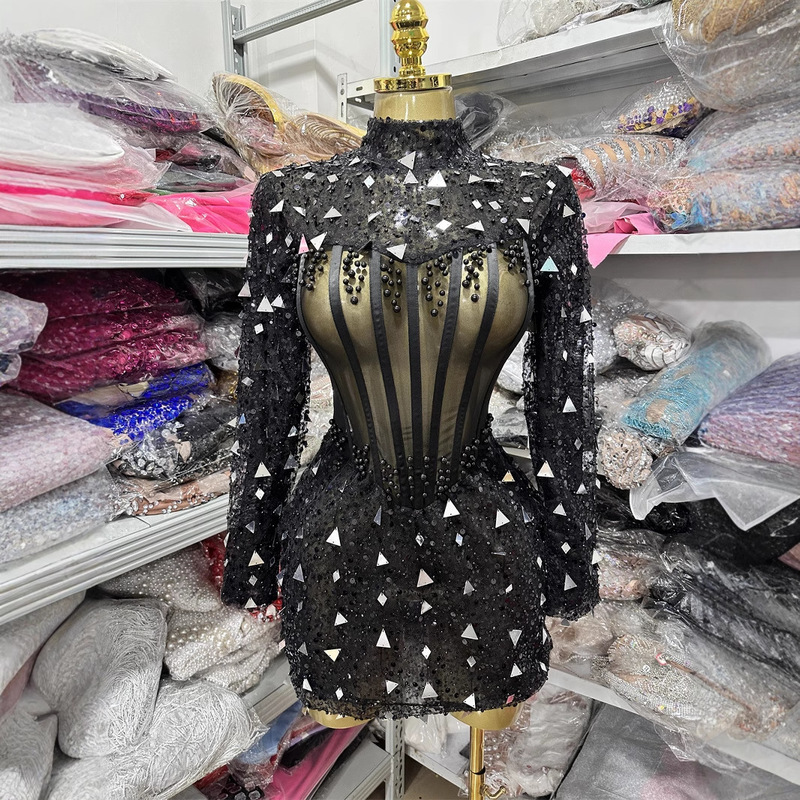 Summer dress 2025 Translucent Black Crystal Brilliant Mirror Sequin Mini Tight Long Sleeve Short Dress Fashion