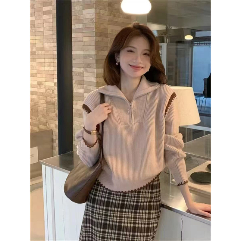 半拉链设计感针织毛衣打底衫女长袖秋冬季新款洋气时尚高级感上衣|undefined