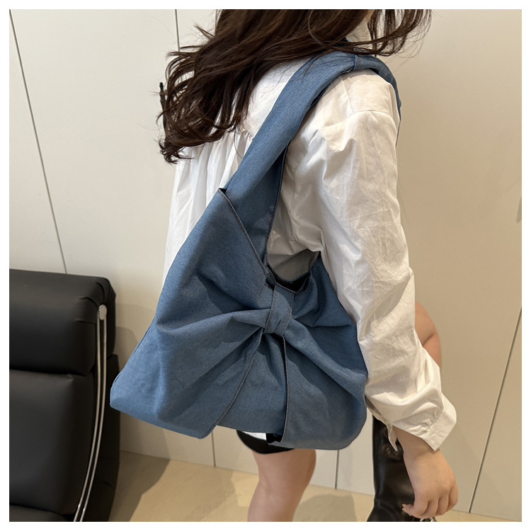 Denim Material Women's Large Denim Bow Knot Streetwear Sewing Thread Square Open Tote Bag