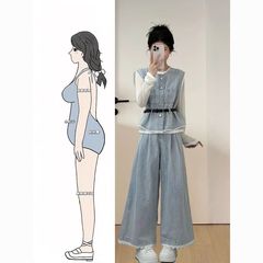 设计感减龄牛仔阔腿裤套装女2025秋季新款氛围感时尚气质两件套