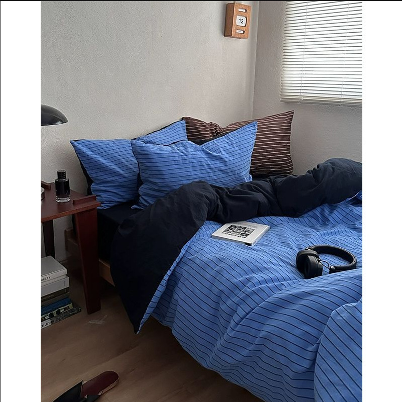 日系全棉色织四件套极简条纹纯棉床笠全棉复古中古风水洗棉4件套|undefined