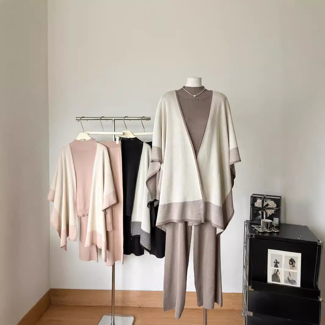 국경 간 유럽과 미국의 목도리 니트 가을과 겨울 스웨터 느슨한 넓은 다리 바지 3 피스 패션 캐주얼 재킷 니트 세트