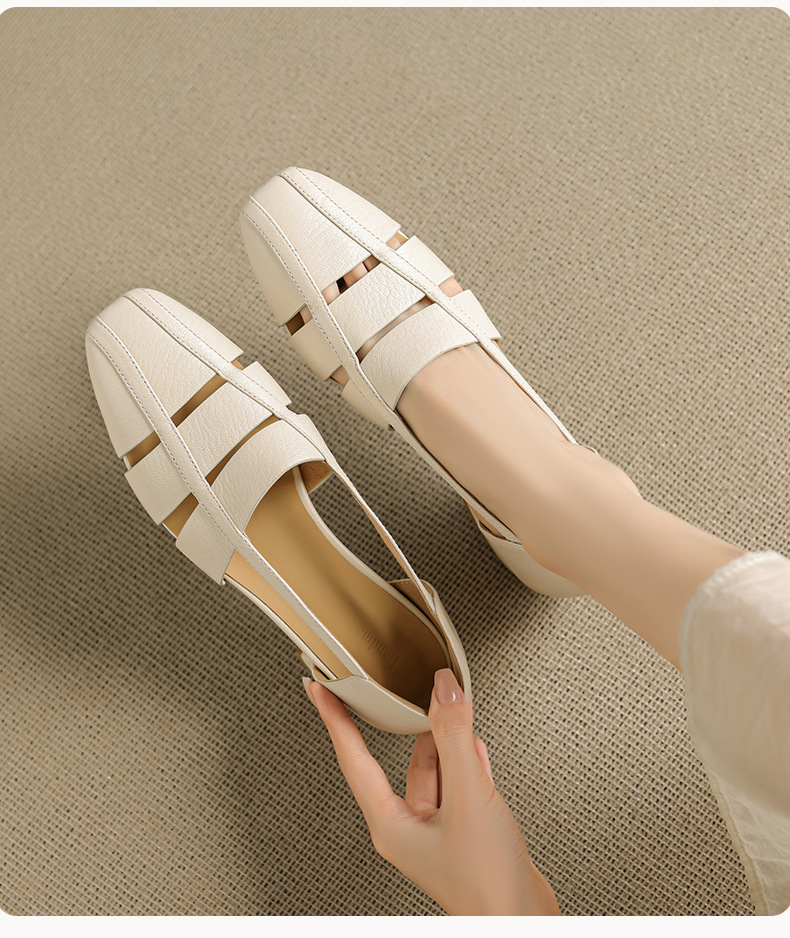 Dép sandal nữ bao đầu rỗng gót thấp 3 cm, mũi tròn kiểu dệt, phong cách đơn giản đi làm — đen chi tiết 2