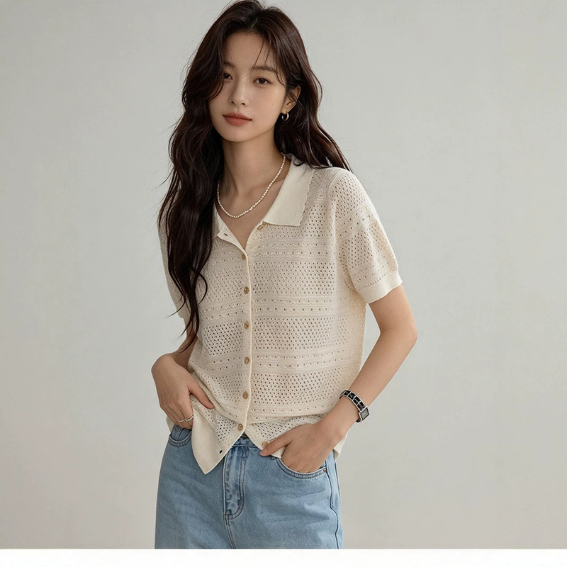 Joli Choose Hollow-Out Design Lapel T-Shirt for Women, Summer Hot-Selling French-Style Casual Short-Sleeve Top Joli Choose Hollow-Out Design Lapel T-Shirt for Women, Summer Hot-Selling French-Style Casual Short-Sleeve Top