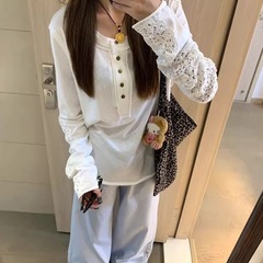 【テンセルリネン】韓国シック中空長袖ブラウスTシャツボトムスレディース新作ゆったりレーストップス