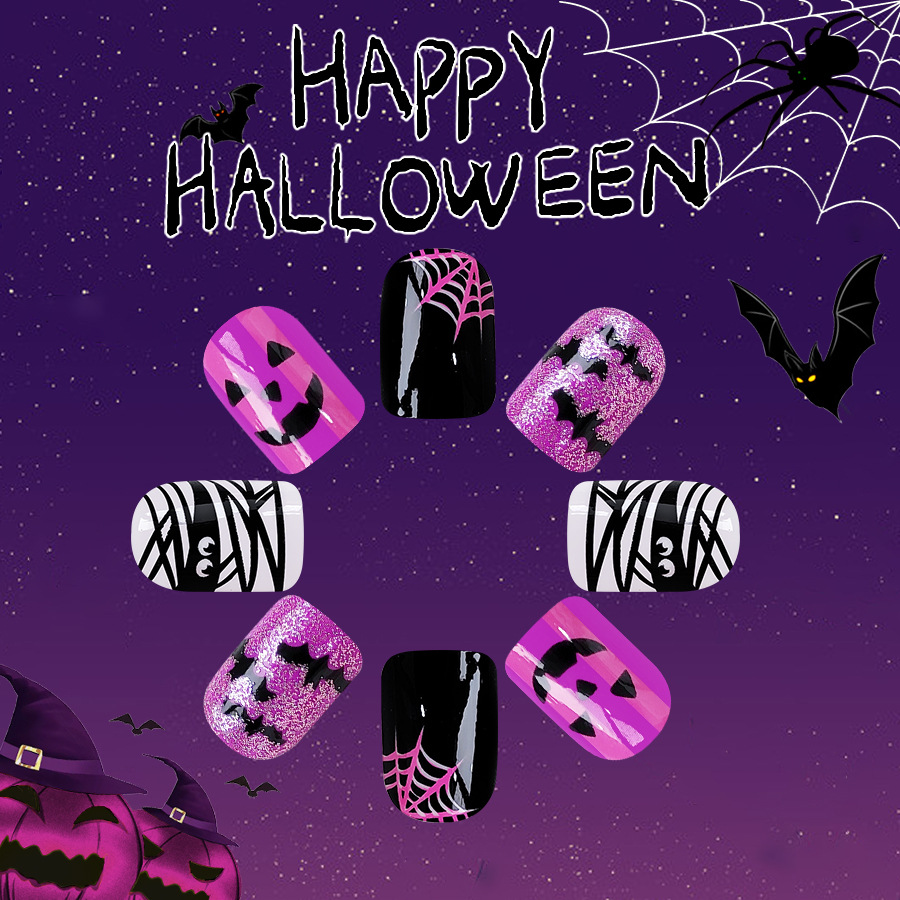 Short bright face flash Halloween grimace bat cobweb nail patch sweet cute ladies 24 pieces_voghion.com