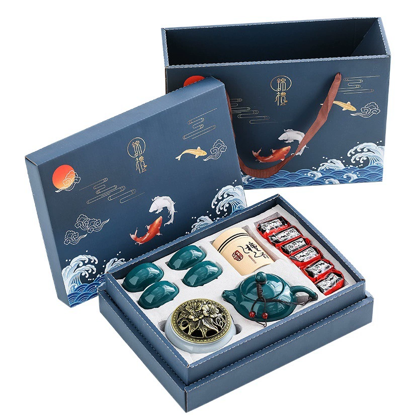 Набор для чаепития в китайском стиле для дома, включающий фарфоровый чайник с четырьмя чашками и набор для благовоний из сандалового дерева, с возможностью нанесения логотипа.