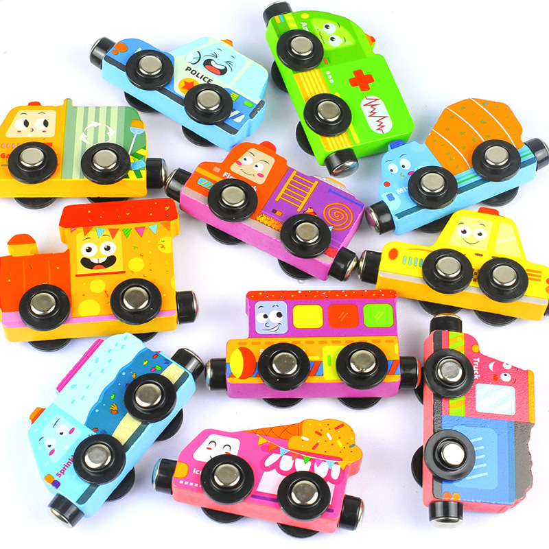 Modelo de tren magnético para niños de madera, coche inercial, señal de tráfico, caja de madera, coche de ingeniería, coche de juguete para niños