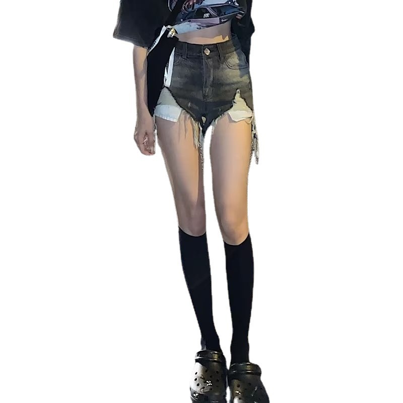 黒灰色の高腰の穴が開いているデニムの半ズボンの女性の夏の新型はゆったりしていて痩せています。|undefined