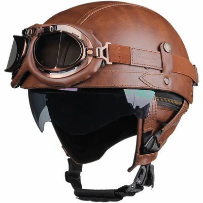 Motosiklet kaskı (dəbilqə), Helmet for Men and Women - 3c-brown-leather-plus-goggles-m55-56cm
