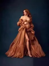 跨境外单性感抹胸喇叭袖孕妇晚礼服新娘写真拍照前开叉晚宴敬酒服