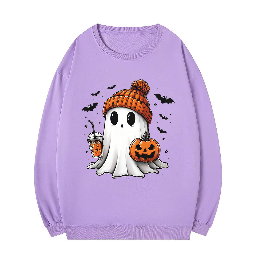 Women's Clothing Round Neck Halloween Sweater Ghost Pumpkin Bat Loose Large Size Terry Sweater Spot_voghion.com