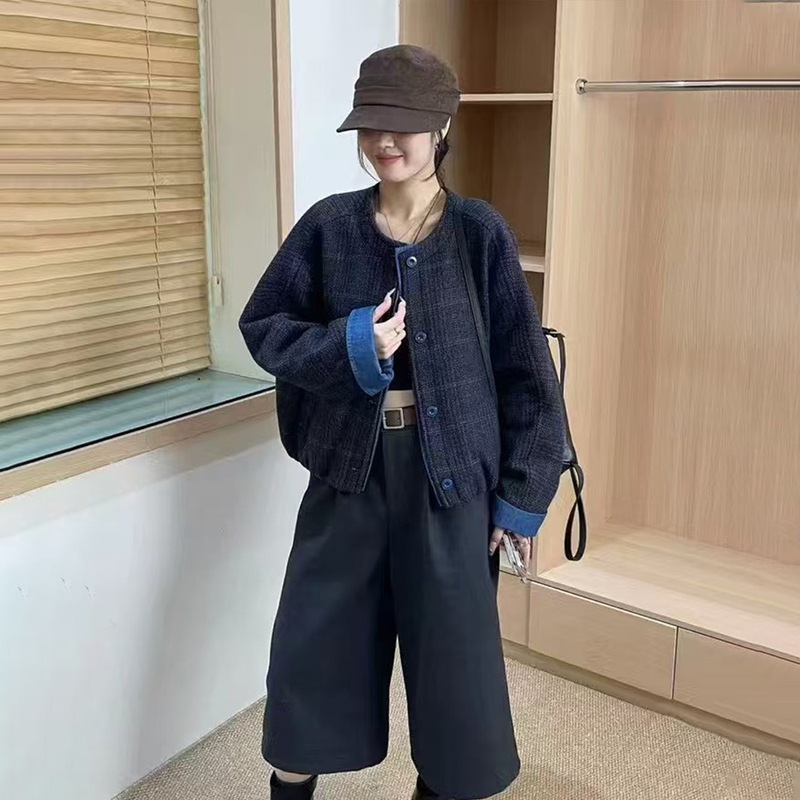 圆领格子拼接复古毛呢外套女短款2025秋冬新款时尚洋气减龄夹克女|undefined
