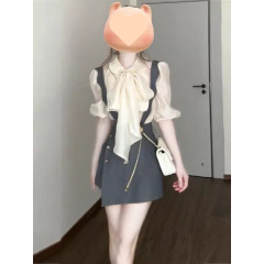 套装女2025夏季韩系减龄设计感短袖衬衫收腰显瘦背带连衣裙两件套