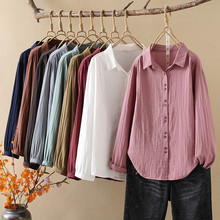 日系森女双扣单排扣双层纱 肌肤棉宽松女士开衫衬衫长袖上衣