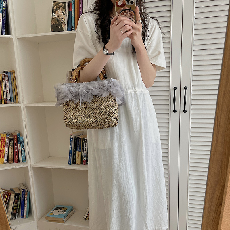 Designer Feather Straw Bag, Water Grass Hand-Woven Bag, Shoulder Crossbody Hand-Held Rattan Bag, Vacation Beach Bag Designer Feather Straw Bag, Water Grass Hand-Woven Bag, Shoulder Crossbody Hand-Held Rattan Bag, Vacation Beach Bag