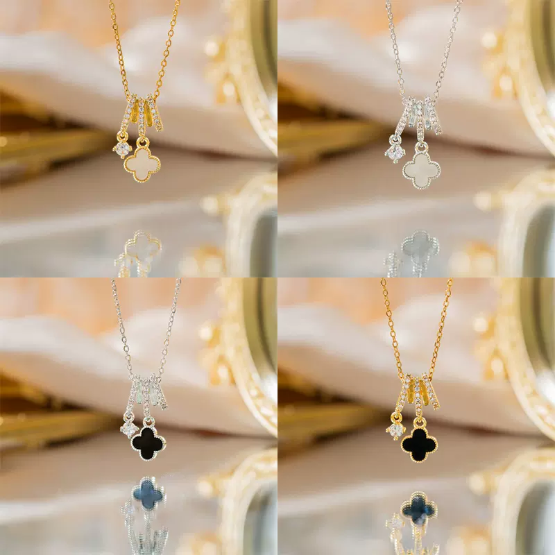 【铜镶锆】跨境四叶草贝壳项链高级轻奢女花朵简约百搭毛衣链饰品