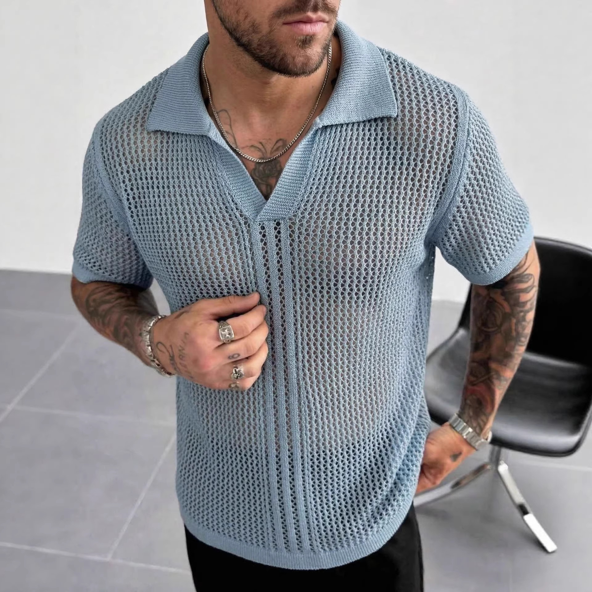 Hellblaues Strick-poloshirt Für Herren Mit Luftigem Netzmuster_voghion.com