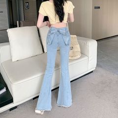 ホットガールのリボンデザインのタイトな弾性痩身マイクロフレアジーンズ女性のハイウエストの新しいスタイルの小さなフィッシュテールパンツ