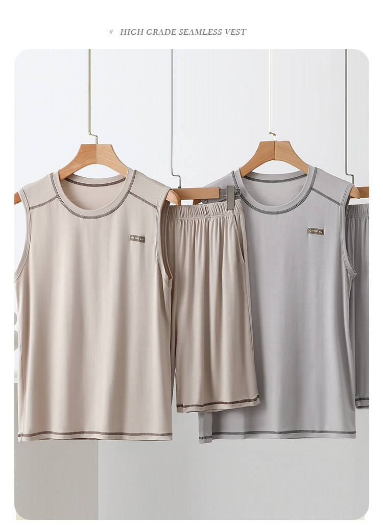 Herr modal linne set ärmlös tvådelad sommarpyjamas för män_voghion.com