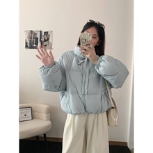 韩版蝴蝶结泡泡袖短款立领羽绒服女2025新款宽松加厚白鸭绒羽绒衣