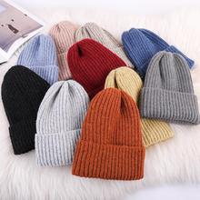 新款帽子女冬季韩版新款糖果色光板毛线帽保暖护耳竖条纹针织帽潮