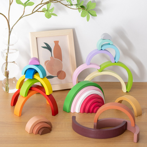 Children's cross-border wooden building blocks rainbow arch building blocks early education color recognition meniscus Jenga educational toys