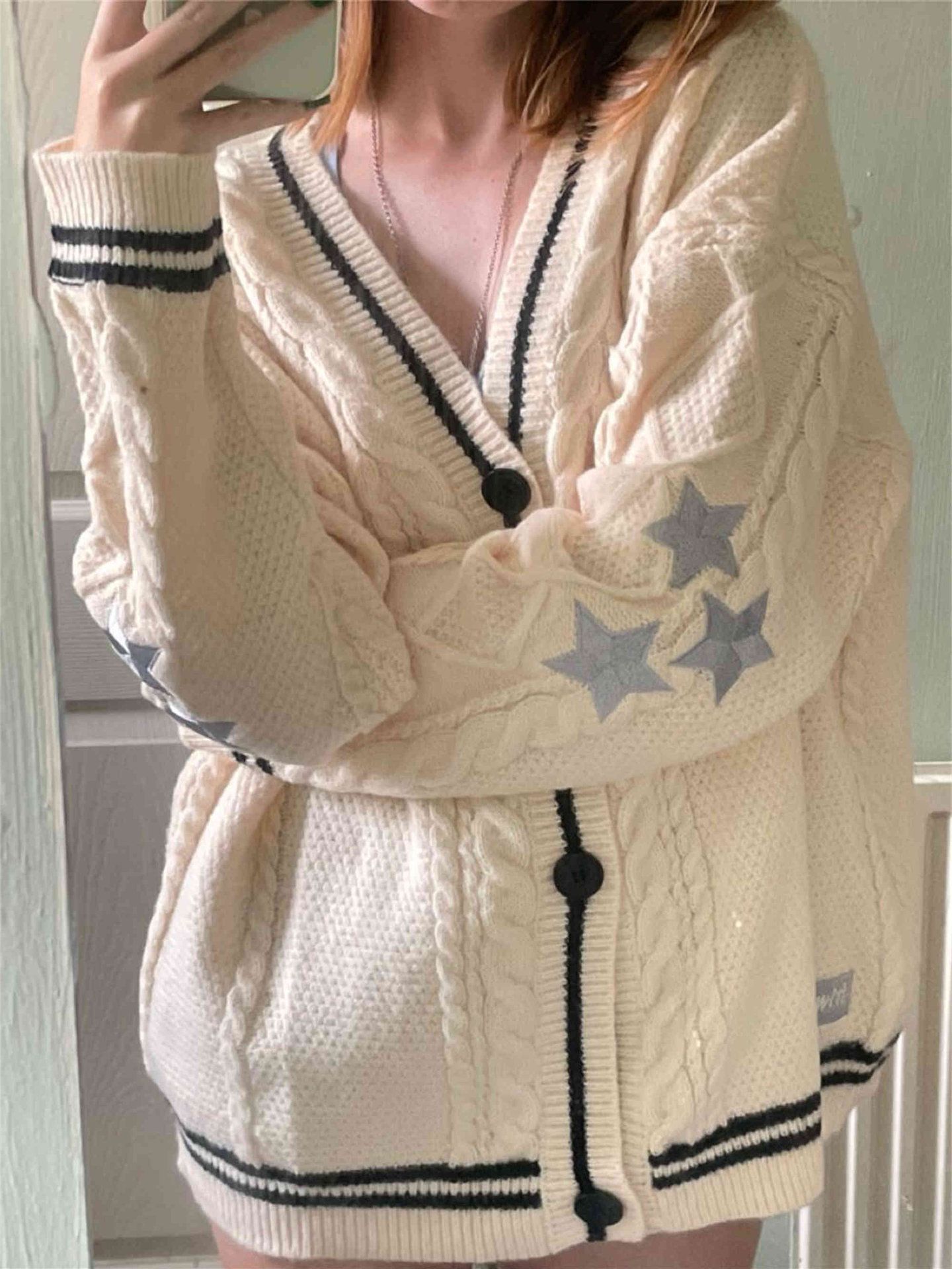 Cárdigan de mujer con cuello en v y botones de punto suave holgado_voghion.com