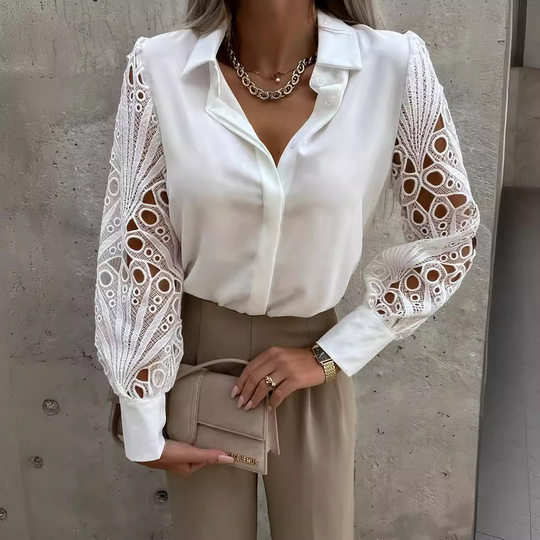 2022 Amazon Europe and the United States cross-border spring and summer new best selling ladies solid color lace stitching shirt shirt Women