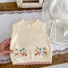 2023 Autumn Infant Children 0-3 Years Old Baby Girl Cute Embroidered Round Neck Pullover Vest Cotton Knitted Sweater