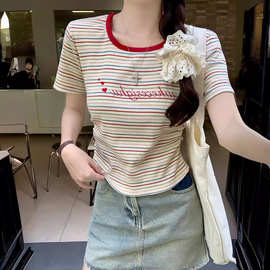 美式复古不规则条纹短袖T恤女装夏季设计感小众刺绣短款正肩上衣