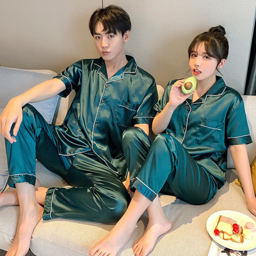 Increase the code couple's pajamas for men in spring and summer, ice silk thin short-sleeved long pants set for women, cool feeling loose home clothes