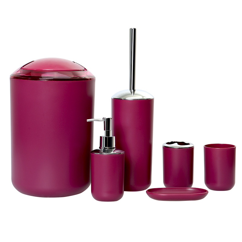 Artículos de baño de plástico de color sólido Juego de seis piezas de enjuague bucal, estante para cepillado, caja de jabón, almacenamiento de baño, juego de baño se puede personalizar
