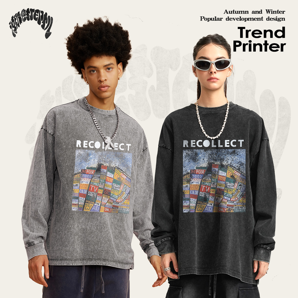 Impresora de marcas| 2025 primavera y otoño europeas y estadounidenses transfronterizas de alta calidad lavable camiseta de manga larga tendencia masculina