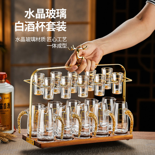 Wholesale liquor cup decanter set, gold foil blue landscape crystal liquor dispenser, luxury home-use liquorware for white liquor