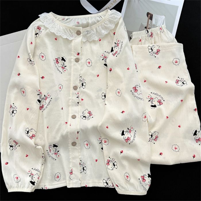 Red de celebridades de la red nuevo estilo nube algodón lindo oso traje pijamas mujeres otoño rebeca de manga larga cuello redondo ropa de hogar de encaje casual