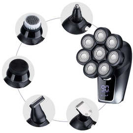 丽科新款数显八刀头电动剃须刀光头理发器充电式六合一刮胡刀批发