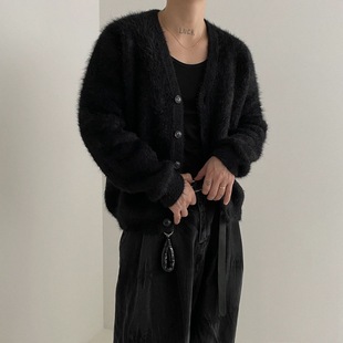 MYQ mink velvet V-neck knitted cardigan coat men's autumn Korean style lazy style loose outer wear niche sweater