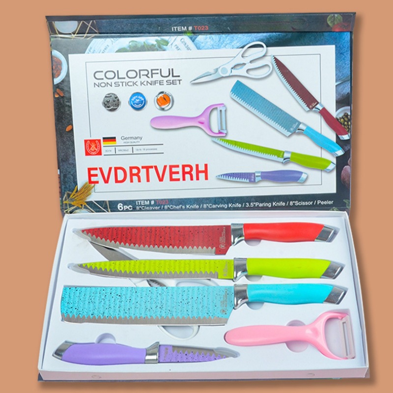 Spot al por mayor cabezal de galvanoplastia doble patrón de onda juego de 6 piezas de cuchillo de cocina de acero inoxidable cuchillo de cocina de regalo para el hogar