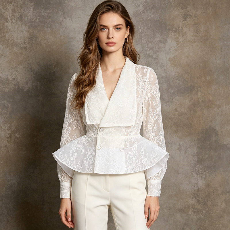 Amazon Elegant French-Style Lace See-Through Ruffled Waist-Cinching Top for Women 2026 Summer New Style Shirt for Women